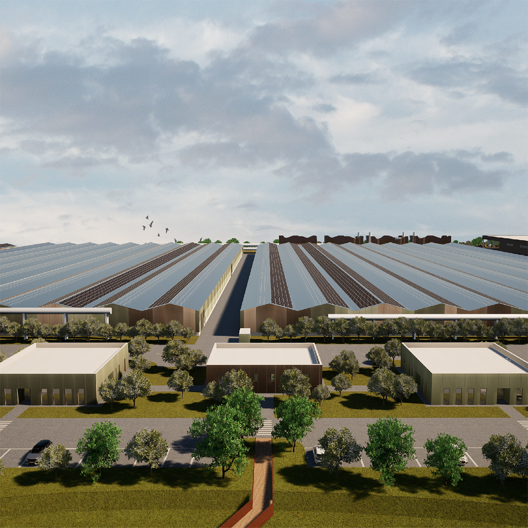 Le serre di compostaggio, cuore dell’impianto, e il sistema di pannelli fotovoltaici.